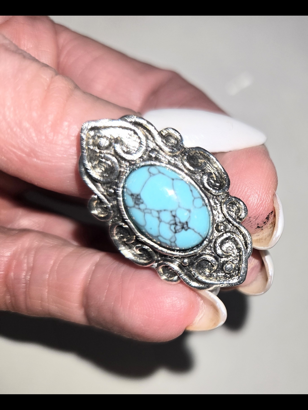 Southwest Vintage Turquoise Stone Silver Filigree Ring - Women Jewelry Size 6